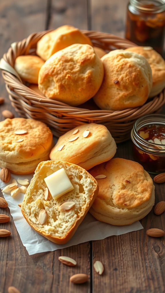 A basket of golden-brown almond biscuits with melted butter and a jar of jam on a wooden table.